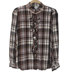 Chico's 0 S 4/6 Plaid Long Sleeve Button-Front Blouse Top